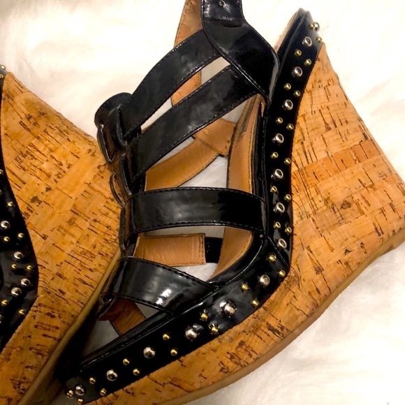 Steve Madden Shoes - Steve Madden Black Patent Leather Wedge Sandals Size 6 Woman’s Heels Shoes